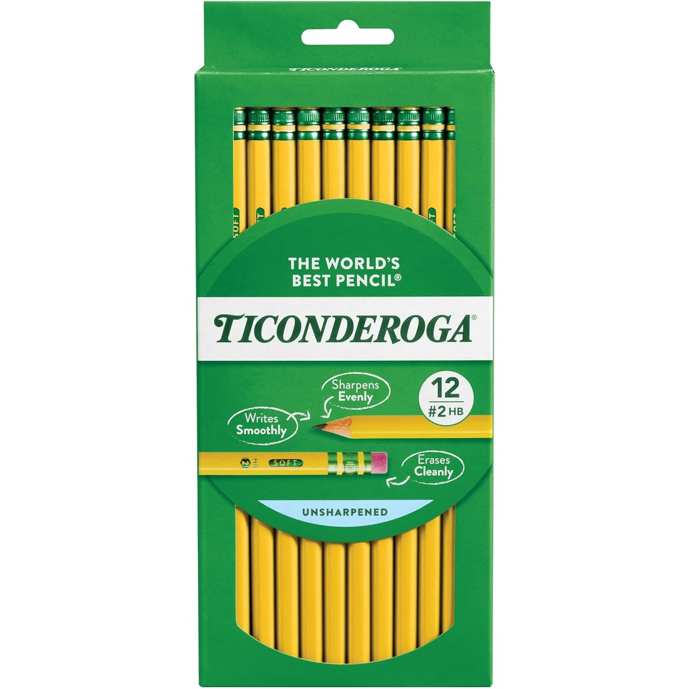 Ticonderoga Wood-Cased Pencils, Unsharpened, 2 HB Soft, Yellow, 12 Count