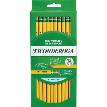 Ticonderoga Wood-Cased Pencils, Unsharpened, 2 HB Soft, Yellow, 12 Count