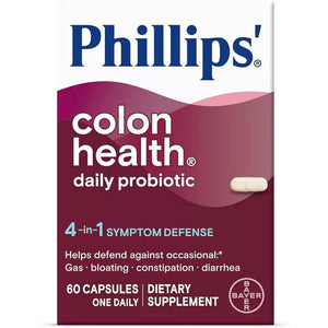 Phillips' Colon Health Daily Probiotic Capsules, 4-in-1 Symptom Defense to help defend against Occasional Gas, Bloating, Constipation, and Diarrhea, Daily Supplement, 60 Count