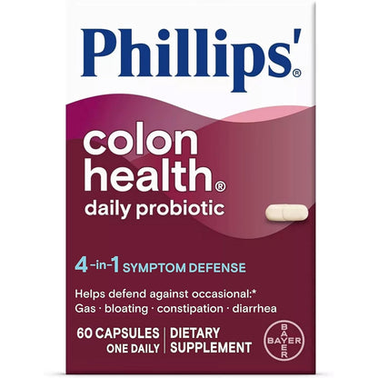 Phillips' Colon Health Daily Probiotic Capsules, 4-in-1 Symptom Defense to help defend against Occasional Gas, Bloating, Constipation, and Diarrhea, Daily Supplement, 60 Count