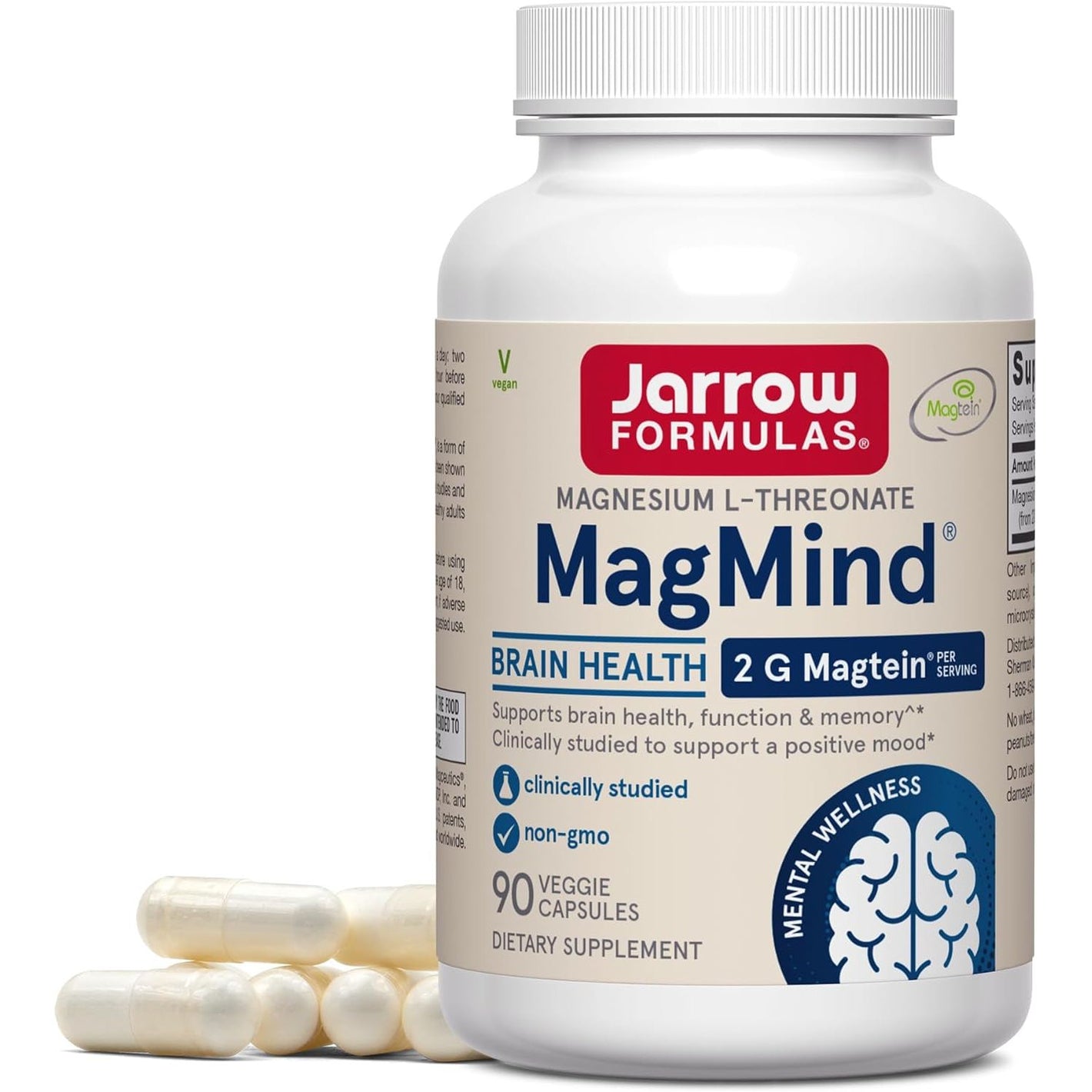 Jarrow Formulas MagMind - 90 Capsules - Includes Magnesium L-Threonate (Magtein) - Supports Brain Health & Function - 30 Servings