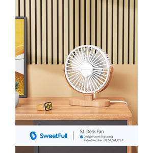 SWEETFULL Small USB Desk Fan 6.5 Inch, 3 Speeds Portable Personal Desktop Table Fan, Dual 360° Adjustment Mini Fan, Quiet Operation, for Home Office Car Outdoor Travel (White wood grain)