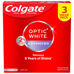 Buy now Colgate Optic White Advanced Hydrogen Peroxide Toothpaste, Teeth Whitening Toothpaste Pack, Enamel-Safe Formula, Helps Remove Tea, Coffee, and Wine Stains, Sparkling White, 3 Pack, 3.2 oz at indiglob india