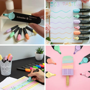 Schneider Job Highlighter Pastel, Chisel Tip, 1 + 5 mm, Black Barrel, Assorted Ink Colors, Pack of 6 Highlighters: Turquoise, Mint, Vanilla, Peach, Lavender, Light Pink (115097)