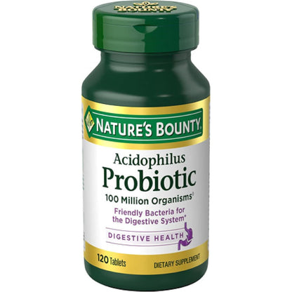 Nature's Bounty Lactobacillus Acidophilus Probiotic Supplement - Daily Probiotic for Women/Men Digestive Health, 100 Million Organisms, Vegetarian, 1 Serving per Day, 120 Tablets
