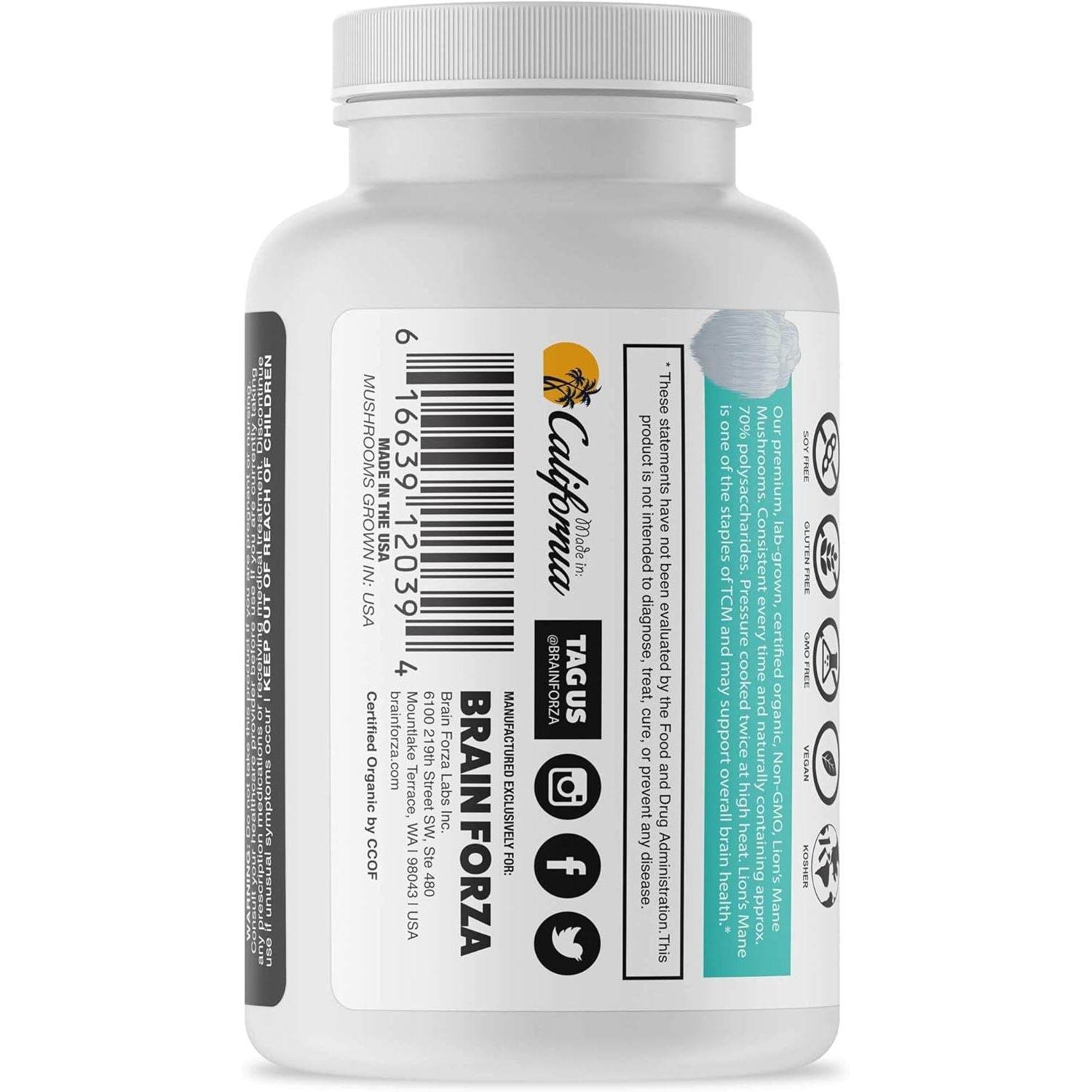 Brain Forza Organic Lion's Mane Mushroom Capsules, Natural Supplement for Memory Support, Focus, Clarity, Nerve Health, Non-GMO, Vegan, Organic, 90 Capsules - My Store