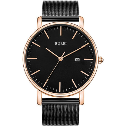 BUREI Men's Fashion Minimalist Wrist Watch Analog Date with Stainless Steel Mesh Band (Black Rose Gold)