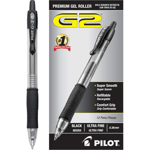 Pilot, G2 Premium Gel Roller Pens, Ultra Fine Point Gel Pens 0.38 mm, Pack of 12, Black