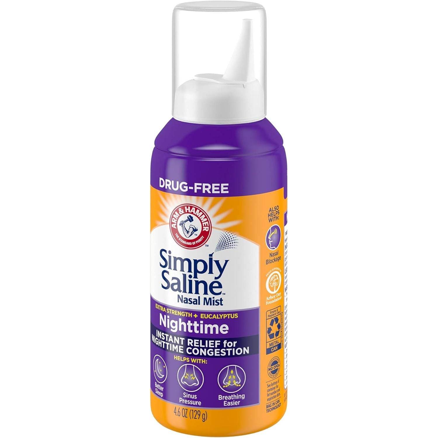 ARM & HAMMER Simply Saline Nighttime Drug-Free Mist for Nasal Congestion at Night, Extra Strength, Calming Eucalyptus, Safe to Use with Rx and OTC, For Adults and Kids Ages 2+, 4.6 oz (129 g) - My Store