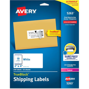 Avery Printable Shipping Labels with Sure Feed, 2" x 4" Customizable Stickers, White, 250 Blank Mailing Labels, Great for Mailing, Shipping, and More (5263)