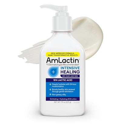 AmLactin Intensive Healing Body Lotion for Dry Skin, 7.9 oz Pump Bottle, 2-in-1 Exfoliator and Moisturizer with Ceramides and 15% Lactic Acid for 24-Hour Relief from Dry Skin (Packaging May Vary)