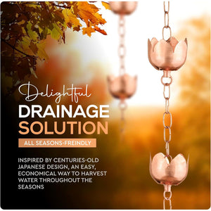 Copper Rain Chain – Decorative Chimes & Cups Replace Gutter Downspout & Divert Water Away from Home for Stunning Fountain Display – 8.5’ Long for Universal Fit – Flower Style