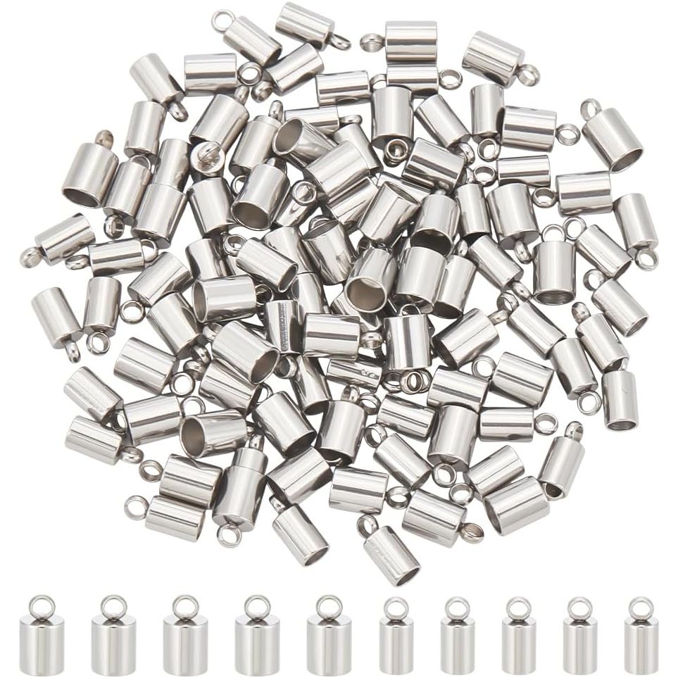 UNICRAFTALE 100pcs 2 Sizes 3mm/4mm Barrel Cord Ends 304 Stainless Steel End Caps Leather Cord Ends Terminators End Tip Bead Caps for Leather Cord Bracelets Jewelry Making