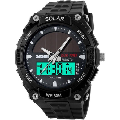 FANMIS Men's Solar Powered Casual Quartz Wrist Watch Analog Digital Multifunctional Black Sports Watch (Black)