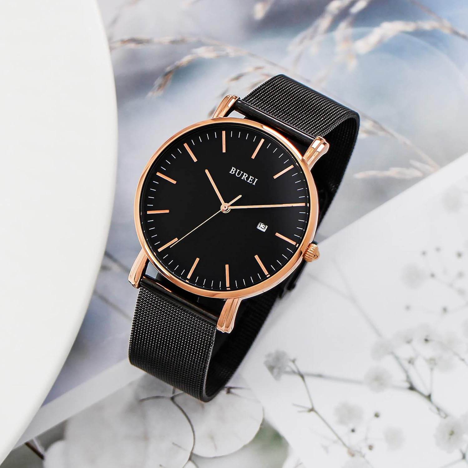 BUREI Men's Fashion Minimalist Wrist Watch Analog Date with Stainless Steel Mesh Band (Black Rose Gold) - My Store