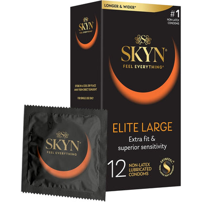 SKYN Elite Large Non-Latex Lubricated Condoms, 12 Count, Comfortable and Smooth Lubricated Condoms, Triple Tested (Pack of 1)