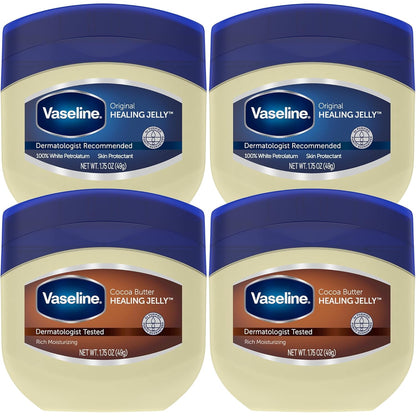Vaseline Original & Cocoa Butter Healing Jelly Travel-Size Variety 4-Pack – Rich Moisturizing Ointment, Skin Protectant for Soothing Cracked, Dry Skin, 1.75 Oz Ea