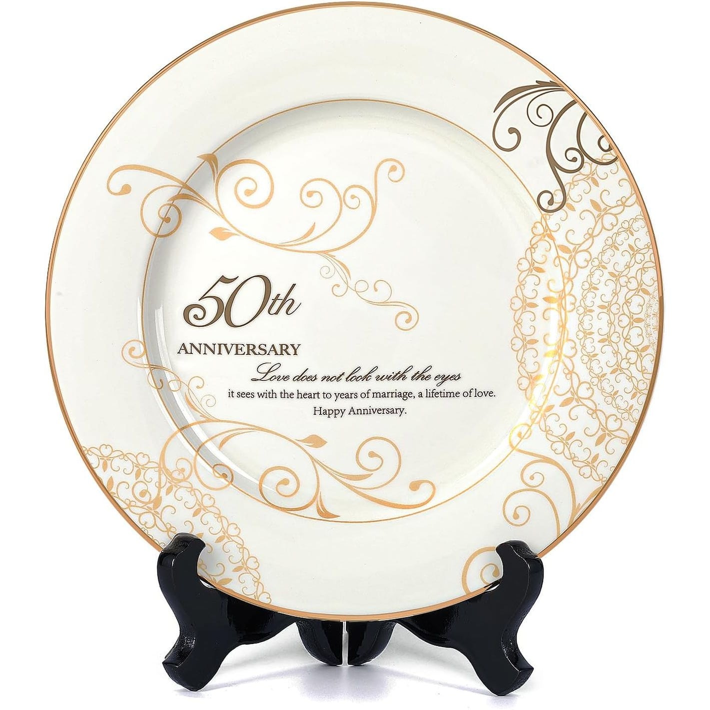 50th Anniversary Wedding Gifts for Couples Parents - 50 Year Marriage Plate with 24k Gold Foil, Golden Keepsake Gift, Ceramic 9 inch
