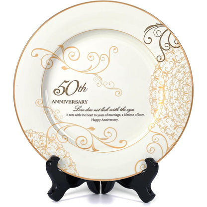 50th Anniversary Wedding Gifts for Couples Parents - 50 Year Marriage Plate with 24k Gold Foil, Golden Keepsake Gift, Ceramic 9 inch
