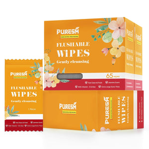 Flushable Butt Wipes Individually Wrapped Feminine Wipes for Women & Adults with Jasmine Scent, Vitamin-E & Aloe for at-Home Use (65 Count, pack of 3)
