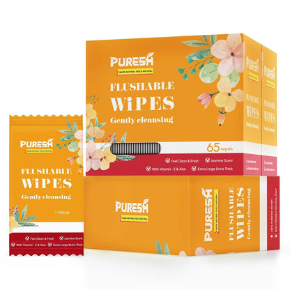 Flushable Butt Wipes Individually Wrapped Feminine Wipes for Women & Adults with Jasmine Scent, Vitamin-E & Aloe for at-Home Use (65 Count, pack of 3)