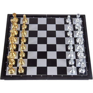 AMEROUS 10'' Magetic Travel Chess Set, Plastic Portable Folding Chess Board Game with Gold and Silver Chess Pieces - 2 Extra Queens - Chess for Beginner, Kids, Adults