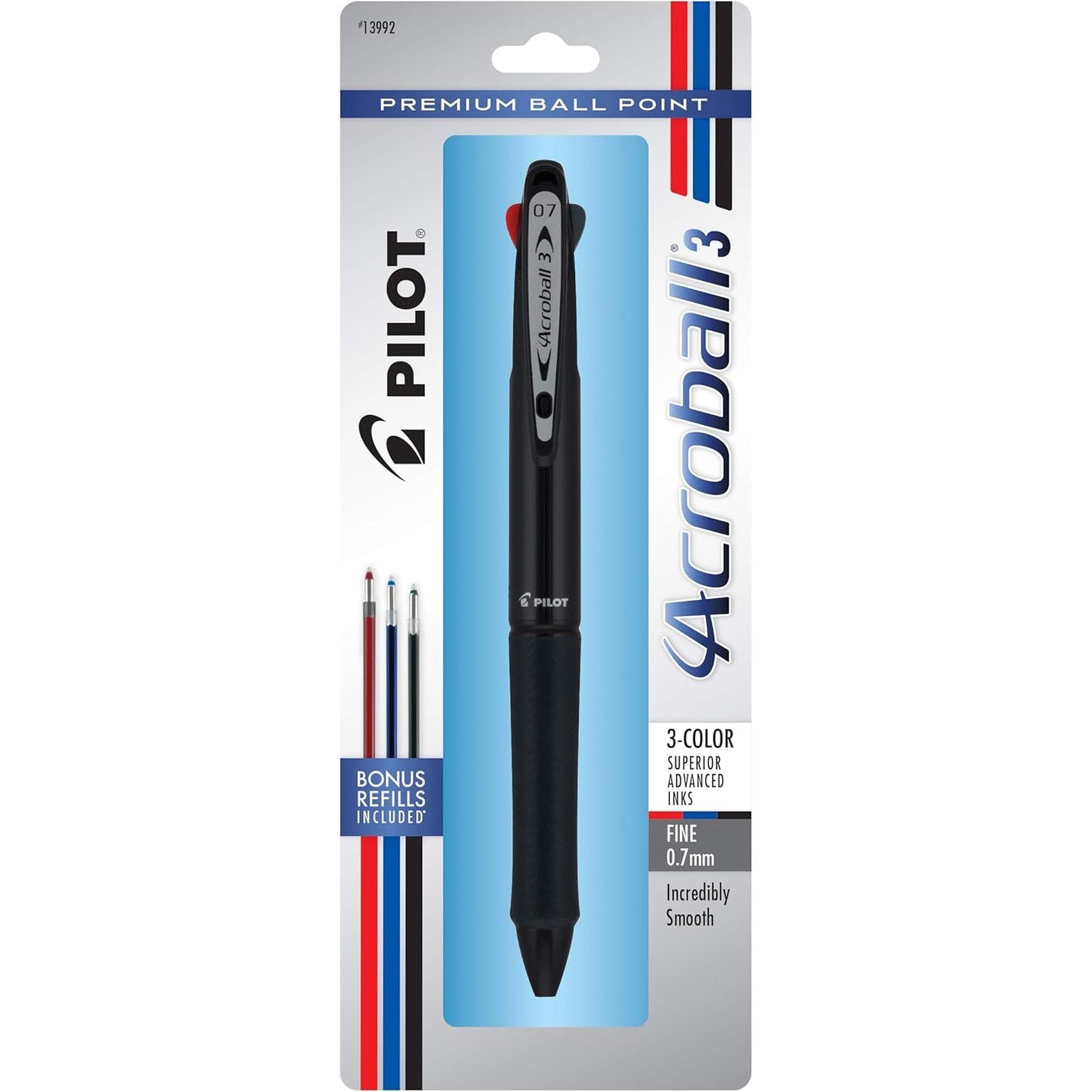 PILOT Acroball 3 Premium Multi-Function Advanced Ink Pen, Fine Point, Black/Blue/Red Inks, Black Barrel, Single Pen (13992)