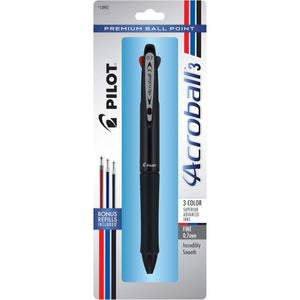 PILOT Acroball 3 Premium Multi-Function Advanced Ink Pen, Fine Point, Black/Blue/Red Inks, Black Barrel, Single Pen (13992)
