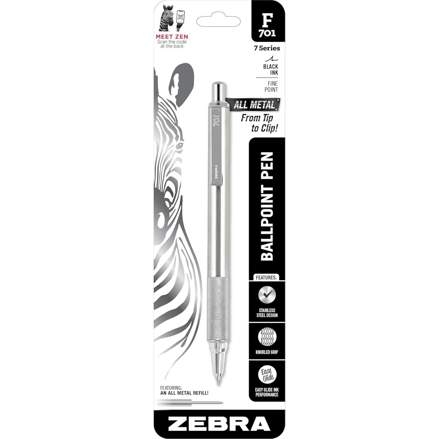 Zebra Pen F-701 Retractable Ballpoint Pen, 0.8mm Fine Point, Stainless Steel Barrel, Ideal for Office Supplies, School Supplies & Teacher Supplies, Black Ink, 1-Pack (29411)