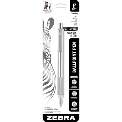 Zebra Pen F-701 Retractable Ballpoint Pen, 0.8mm Fine Point, Stainless Steel Barrel, Ideal for Office Supplies, School Supplies & Teacher Supplies, Black Ink, 1-Pack (29411)