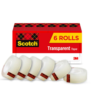 Scotch Transparent Tape, Clear Tape Engineered for Office and Home Use, 1 Inch Core, 3/4 in x 1000 in, 6 Boxes