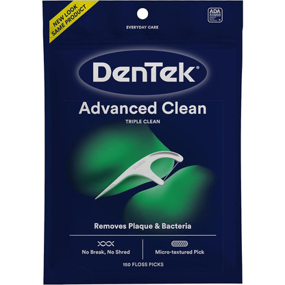 DenTek Triple Clean Advanced Clean Floss Picks, No Break & No Shred Floss, 150 Count, (Packaging May Vary)