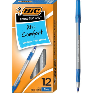 BIC Round Stic Grip Xtra Comfort Fine Blue Ballpoint Pens, Medium Point (0.8 mm), 12-Count Pack, Excellent Writing Pens With Soft Grip for Superb Comfort and Control