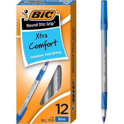 BIC Round Stic Grip Xtra Comfort Fine Blue Ballpoint Pens, Medium Point (0.8 mm), 12-Count Pack, Excellent Writing Pens With Soft Grip for Superb Comfort and Control