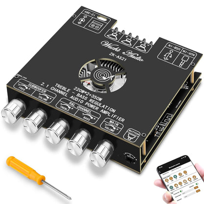 Bluetooth Power Amplifier Board Stereo - HiFi 2.1 Channel 2X220W+350W Bluetooth 5.1 16-32V Digital Power Audio Amplifier Module Subwoofer Control with AUX/Bluetooth/USB Flash Drive (ZK-AS21)