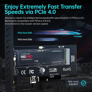 AMPCOM M.2 NVME SSD to PCIe 4.0 X4 Adapter Card with Copper Cooling Best Heatsink Upgraded for Desktop PC, PCI-E GEN4 Full Speed 64Gbps