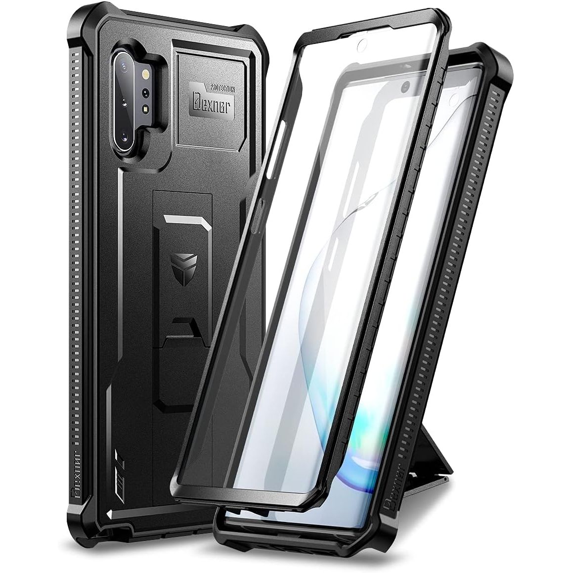 Dexnor for Samsung Galaxy Note 10+ Plus Case, [Built in Screen Protector and Kickstand] Heavy Duty Military Grade Protection Shockproof Protective Cover for Samsung Galaxy Note 10 Plus Black