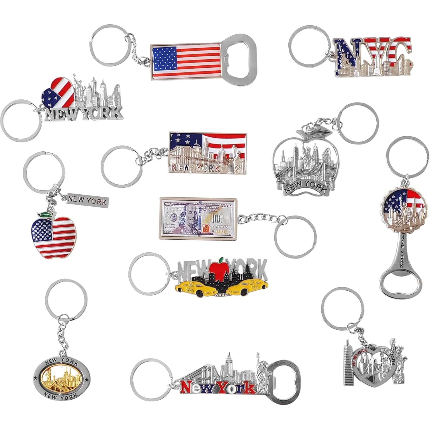 Buy now Spark 12-Pack New York City Souvenir Keychains – 3D Silver Metal NYC Landmark Set with Statue of Liberty, Empire State Building, Freedom Tower, Taxi Cab, USA Flag & Bottle Openers Default at indiglob india