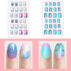 Laza 120pcs Children Nails Press On Pre-glue Full Cover Nail Tips Kit Glitter Gradient Color Rainbow Short Artificial False Nail Kits Lovely Christmas Gift for Children Kids Girls - Silver Pearl
