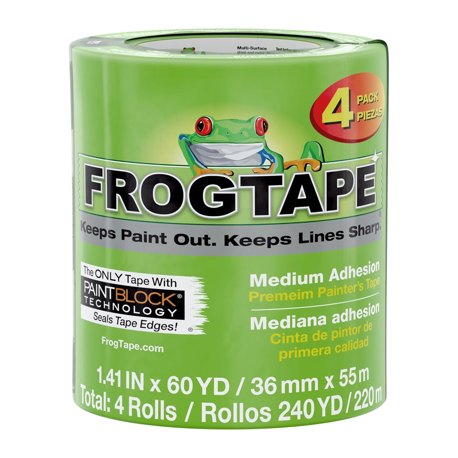 Buy now FrogTape Multi-Surface Painters Tape with PAINTBLOCK, 1.5 Inch Wide (1.41 In. x 60 Yds), Medium Adhesion, Green, 1 Roll (1358465) 4 Rolls, 1.14” x 60 yds at indiglob india