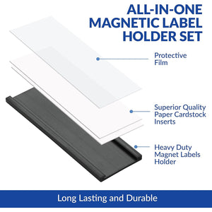 50 Pack "C" Channel Magnetic Label Holders 1x3 with 100 White Card Inserts, 50 Clear Plastic Protectors and Bonus 20 Colorful Cardstock Inserts in Blue, Green, Yellow and Red - Double-Sided Cards