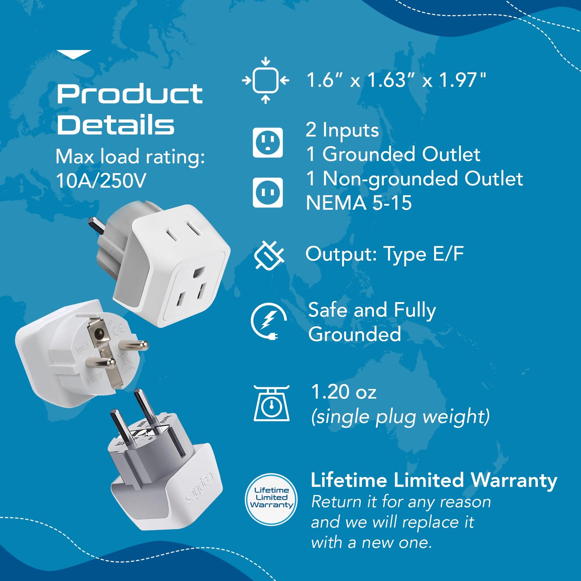 Buy now Ceptics Schuko Germany, France Plug Adapter, Dual Input - Ultra Compact Light Weight - Usa to Russia, South Korea Travel Adaptor Plug - Type E/F (3 Pack) at indiglob india