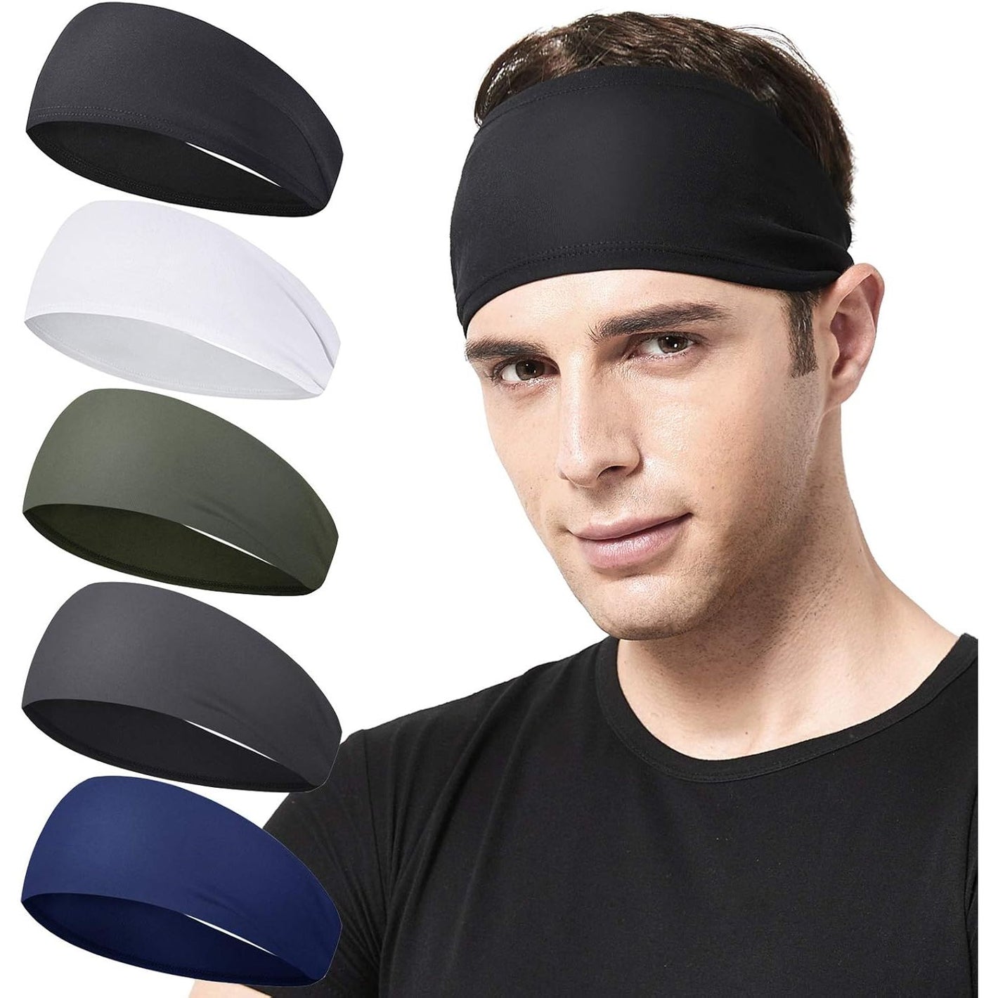 Mens Running Headband,5Pack,Mens Sweatband Sports Headband for Running,Cycling,Basketball,Yoga,Fitness Workout Stretchy Unisex Hairband
