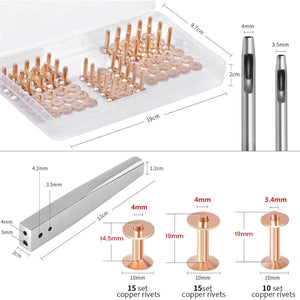 JUNESunShine 84Pcs, Copper Rivets and Burrs, #9 and #12 Burrs Setter, Leather Rivets Fastener Install Setting Tool with 4mm Leather Hole Punch Cutter for Belts Wallets Collars Leather Working Supplies