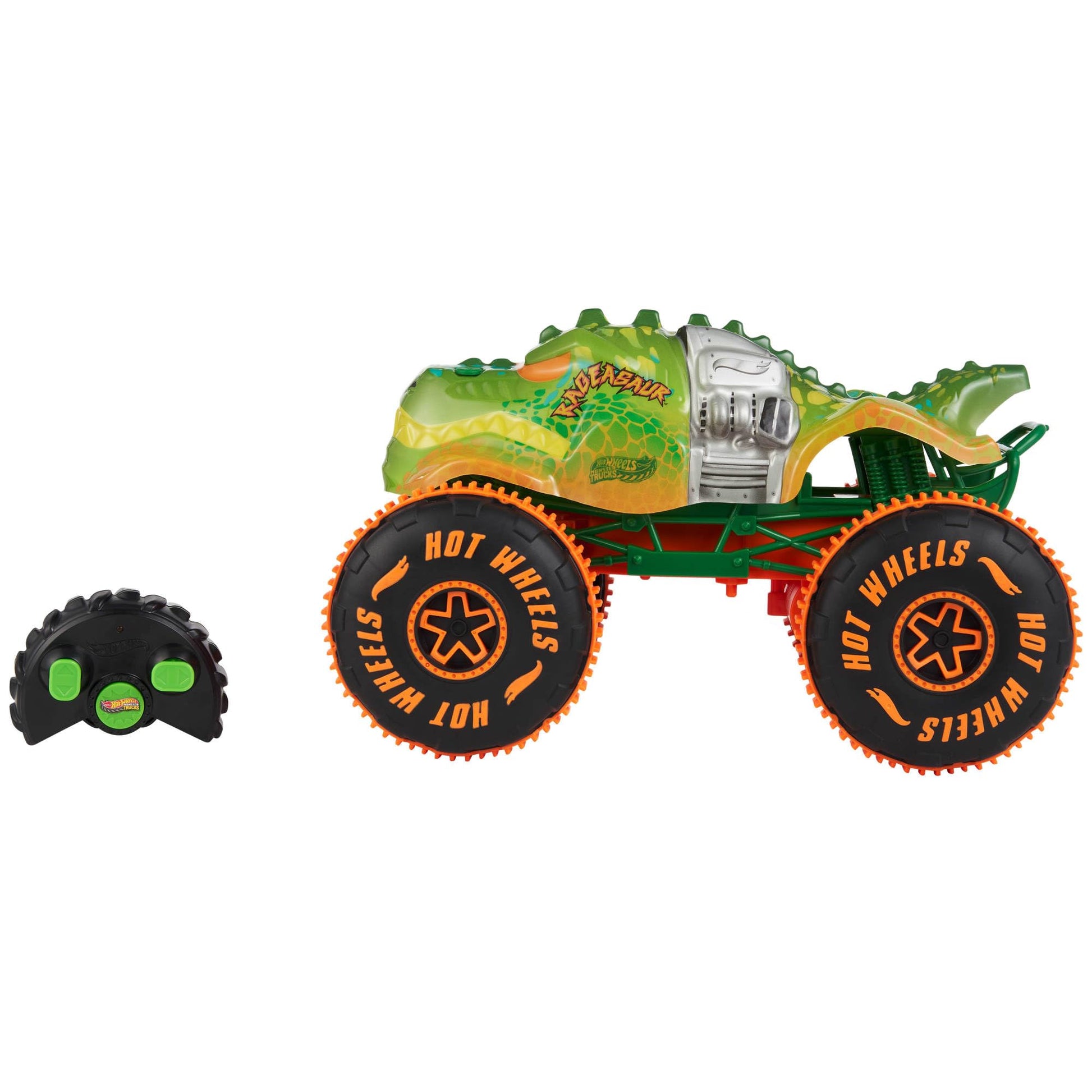 Buy now Hot Wheels Monster Trucks Remote-Control Toy Vehicle, 1:15 Scale Rageasaur RC with Grip Action Tires for Off-Roading & Wheelie Stunting at indiglob india