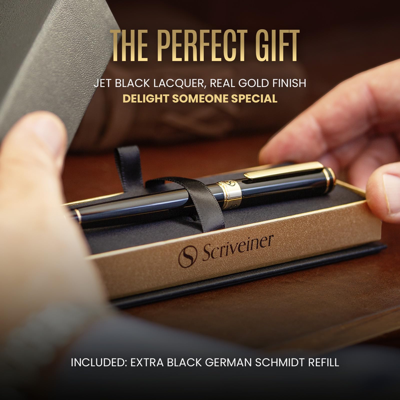 Buy now Scriveiner Black Lacquer Rollerball Pen - Stunning Luxury Pen, Real Gold Plating, Schmidt Ink Refill, Best Roller Ball Gift Set for Men & Women, Professional, Executive Office, Nice Pens at indiglob india