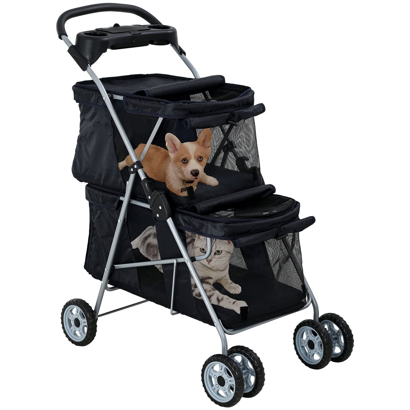 HCY Double Pet Stroller for Cats & Dogs - 4 Wheels, Lightweight, Waterproof for Travel & City Walk (Black)