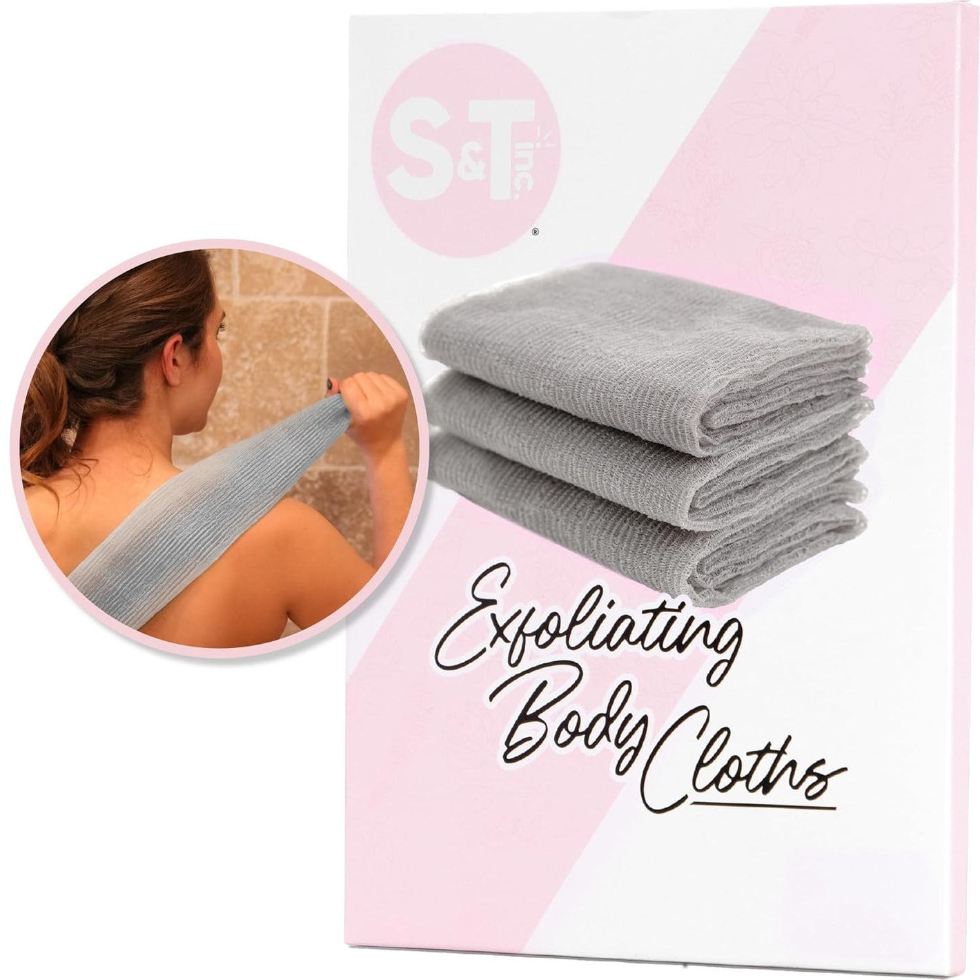 S&T INC. Back Scrubber for Shower, Exfoliating Body Scrubber or Bath Exfoliating Towel for Skin Care, 11.8 Inches x 35.4 Inches, Grey, 3 Pack