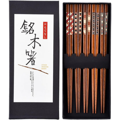 Antner 5 Pairs Natural Bamboo Chopsticks Reusable Classic Japanese Style Chop Sticks Gift Sets, Dishwasher Safe, 8.8 Inch/22.5cm