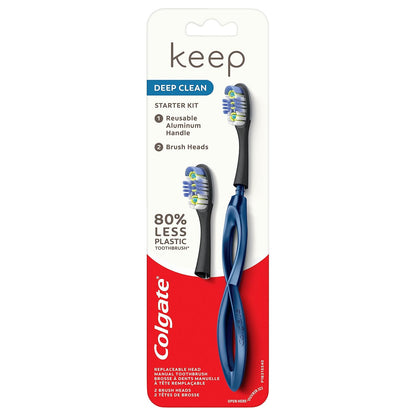 Colgate Keep Soft Manual Toothbrush for Adults with 2 Deep Clean Floss-Tip Brush Heads, Navy